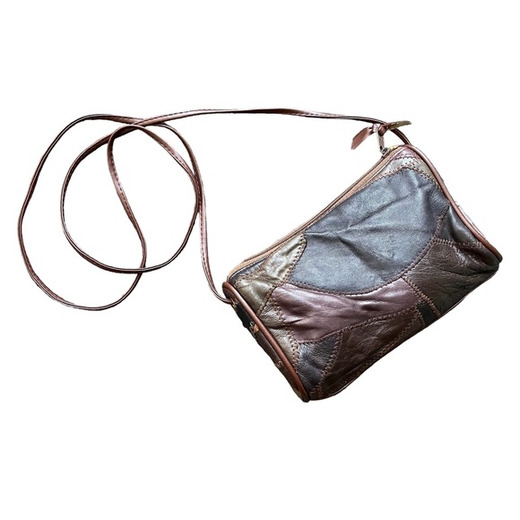 Vintage 90s leather patchwork crossbody mini bag brown - Picture 3 of 14